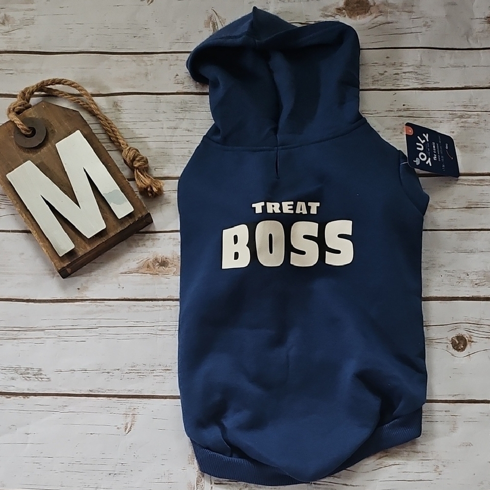*PRICE DROP*
Youly Navy Blue Dog Hoodie with 'Treat Boss' Print